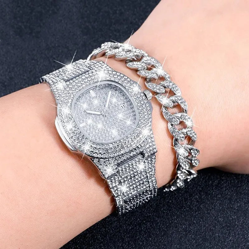 Hip Hop Iced Out Paved Rhinestones 13MM Full Miami Curb Cuban Chain CZ Bling Rapper Necklaces Bracelet Watch for Men Jewelry Set