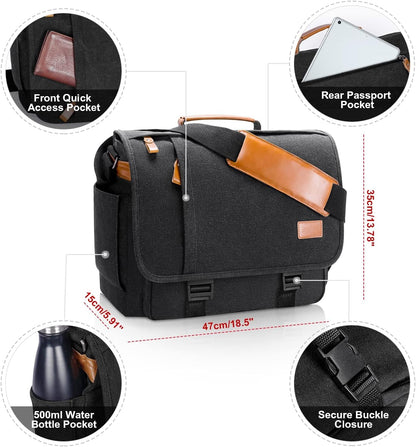 Messenger Bag 17-17.3 Inch, Men'S Computer Bag Water-Resistant Canvas, Teacher Laptop Satchel for Work Office College, Dark Grey