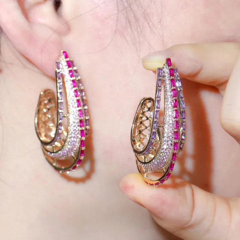 CANDICE Dubai Luxury Trendy Ear Jewelry Full Micro Pave Rose Red Purple CZ Crystal Hollow-out Design Arc Hoop Earrings for Dinner Party