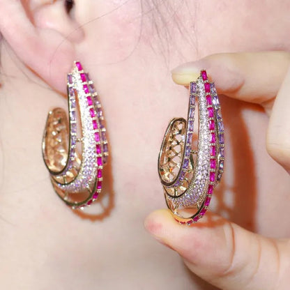 CANDICE Dubai Luxury Trendy Ear Jewelry Full Micro Pave Rose Red Purple CZ Crystal Hollow-out Design Arc Hoop Earrings for Dinner Party