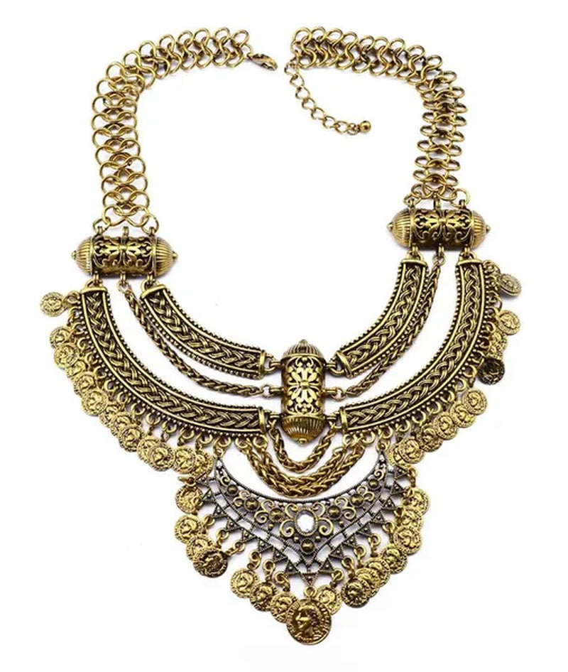 Vintage Silver Gold Chains Fine Jewelry Coins Tassel Choker Necklace Women Big Flower Moon Statement Necklace