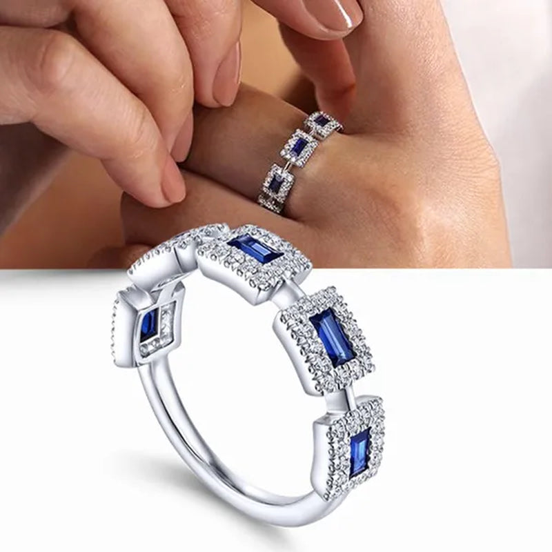 New Fashion 925 Solid Silver Pave Setting Diamond Blue Sapphire Rings for Women Bridal Engagement Wedding Ring Proposal Gift