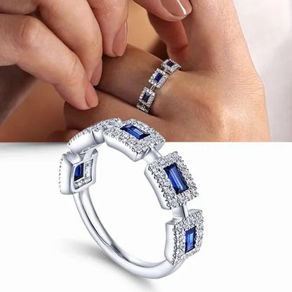 New Fashion 925 Solid Silver Pave Setting Diamond Blue Sapphire Rings for Women Bridal Engagement Wedding Ring Proposal Gift