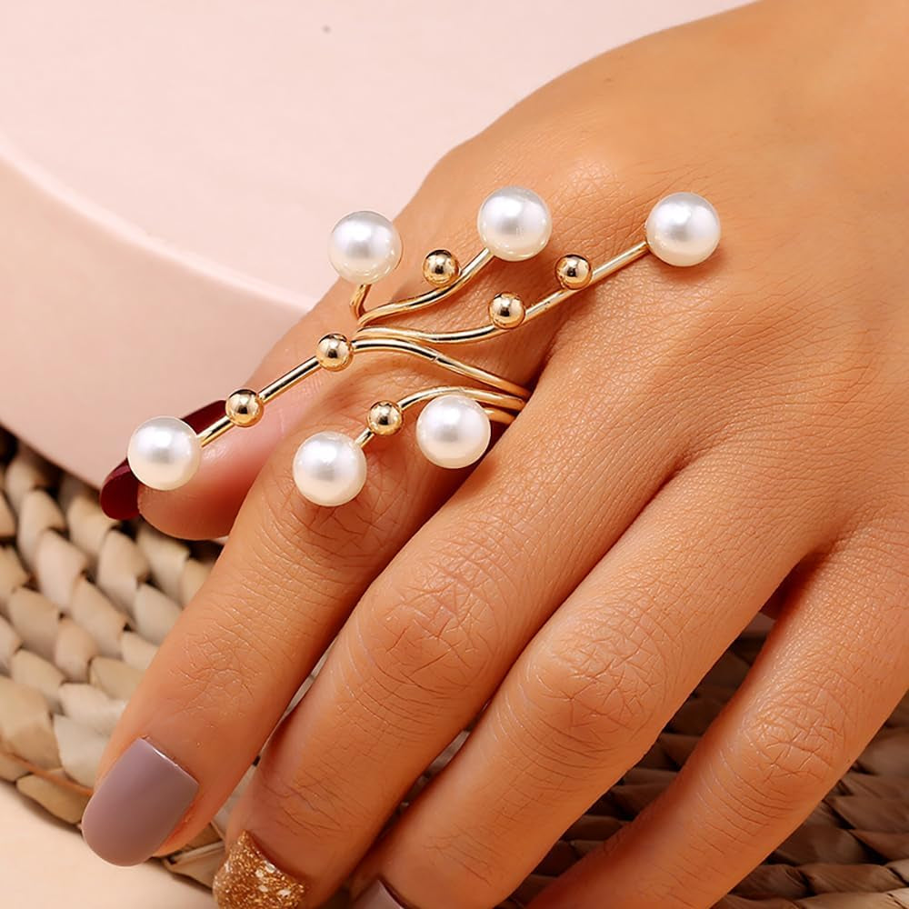 Gold Pearl Rings for Women Chunky Promise Ring Wrap Finger Rings Open Adjustable Stacking Ring Statement Party Prom Jewelry Gifts