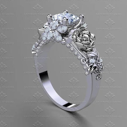 Women's Jewelry 925 Silver&Rose Gold White Sapphire Diamond Rose Flower Ring Bridal Wedding Engagement Ring