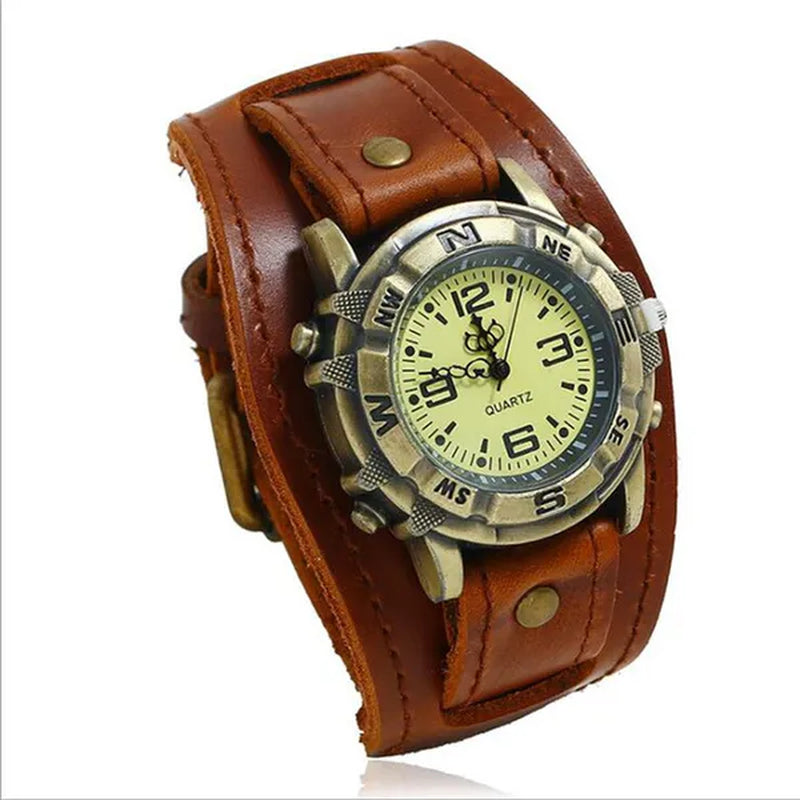 Vintage Retro Big Wide Genuine Leather Strap Watch Men Punk  Quartz Cuff Watch Wristwatches Bracelet Bangle Relogio Masculino