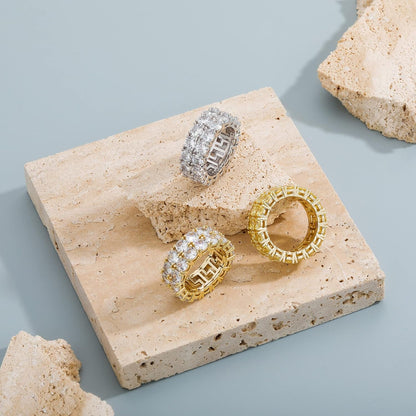 Rings for Men - Men'S 14K Gold Plated Brass, Chunky Faux Diamond Band Ring for Women, Unisex, 9Mm - 2 Rows round Cubic Zirconia Eternity