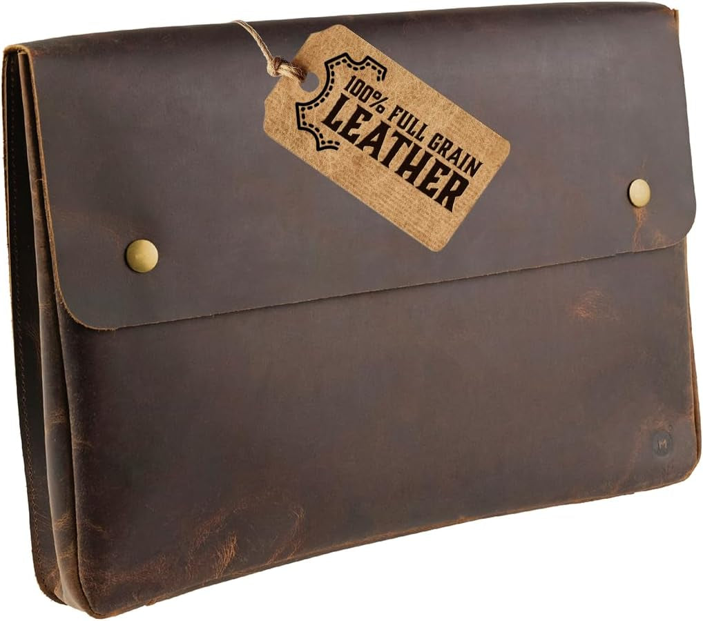 Leather Folder, Full Grain Leather File Folder Organizer Document Holder, Leather Portfolio for Men –Spacious Leather Folio Laptop Sleeve Case - Fits 13" 14" 15” Laptops, Macbook and Tablets