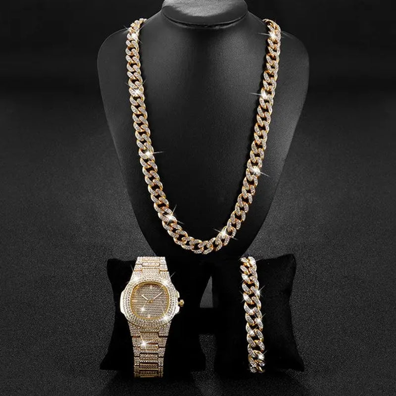 Hip Hop Iced Out Paved Rhinestones 13MM Full Miami Curb Cuban Chain CZ Bling Rapper Necklaces Bracelet Watch for Men Jewelry Set