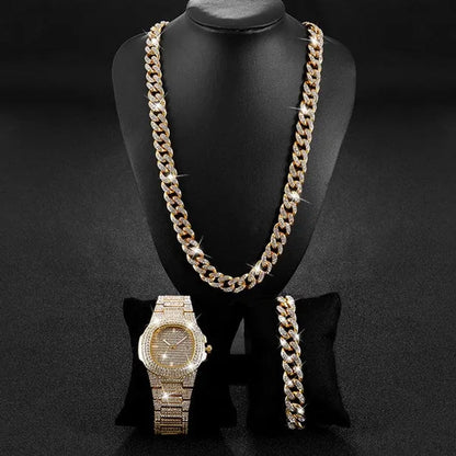 Hip Hop Iced Out Paved Rhinestones 13MM Full Miami Curb Cuban Chain CZ Bling Rapper Necklaces Bracelet Watch for Men Jewelry Set