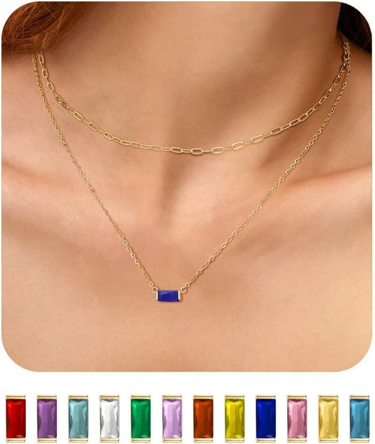 Layered Birthstone Necklace for Women Mothers 14K Gold Charm Necklace Dainty Paperclip Chain Necklace Pink Emerald Red Purple Pendant Necklace Diamond Jewelry Birthday Party Prom Wedding