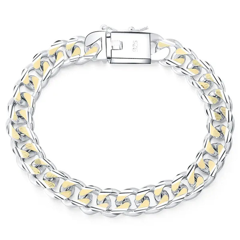 925 Sterling Silver Gold Color Exquisite 10mm Chain Bracelet for Women and Man Wedding Engagement Party Jewelry