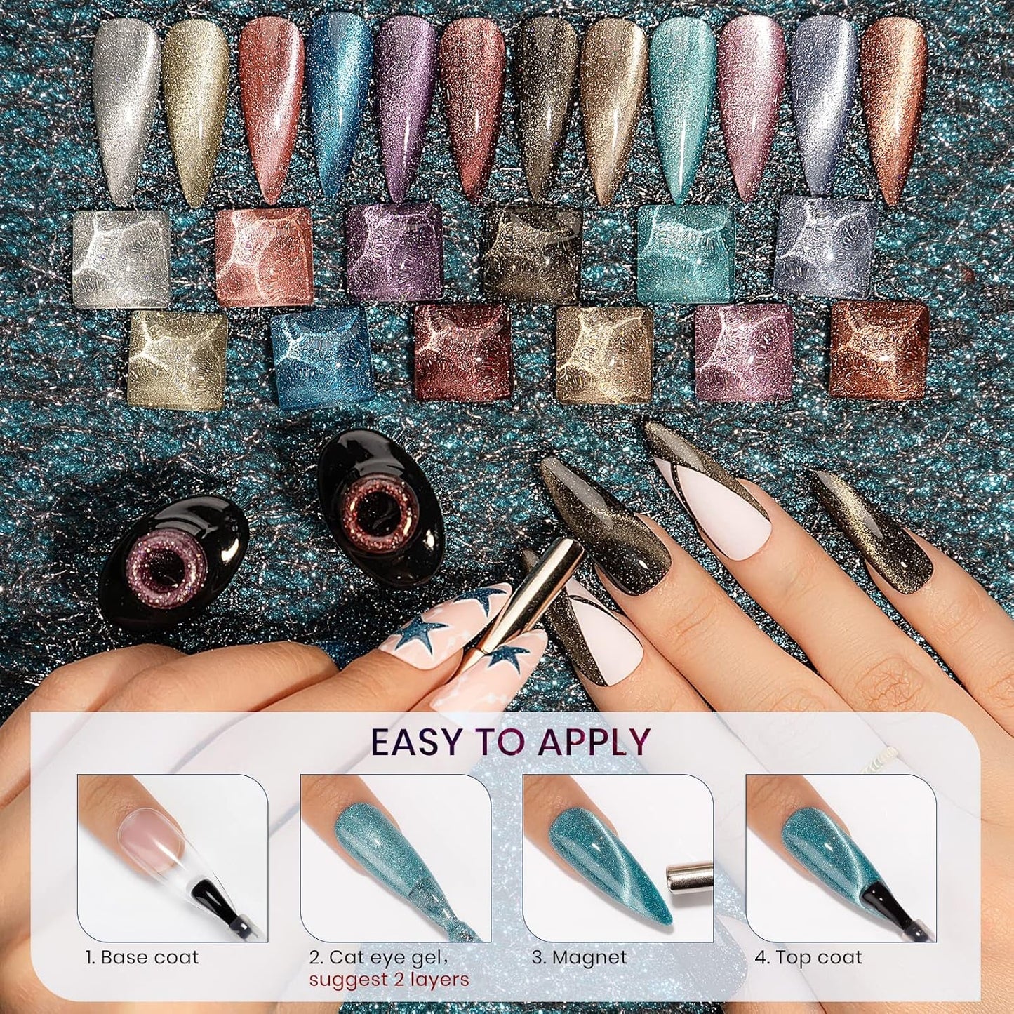 Reflective Cat Eye Gel Nail Polish Sparkling Holographic Magnetic Nail Polish Gel 9D Cateye Gel Polish Set 12 Colors with Magnet for Home DIY Manicure Nail Salon