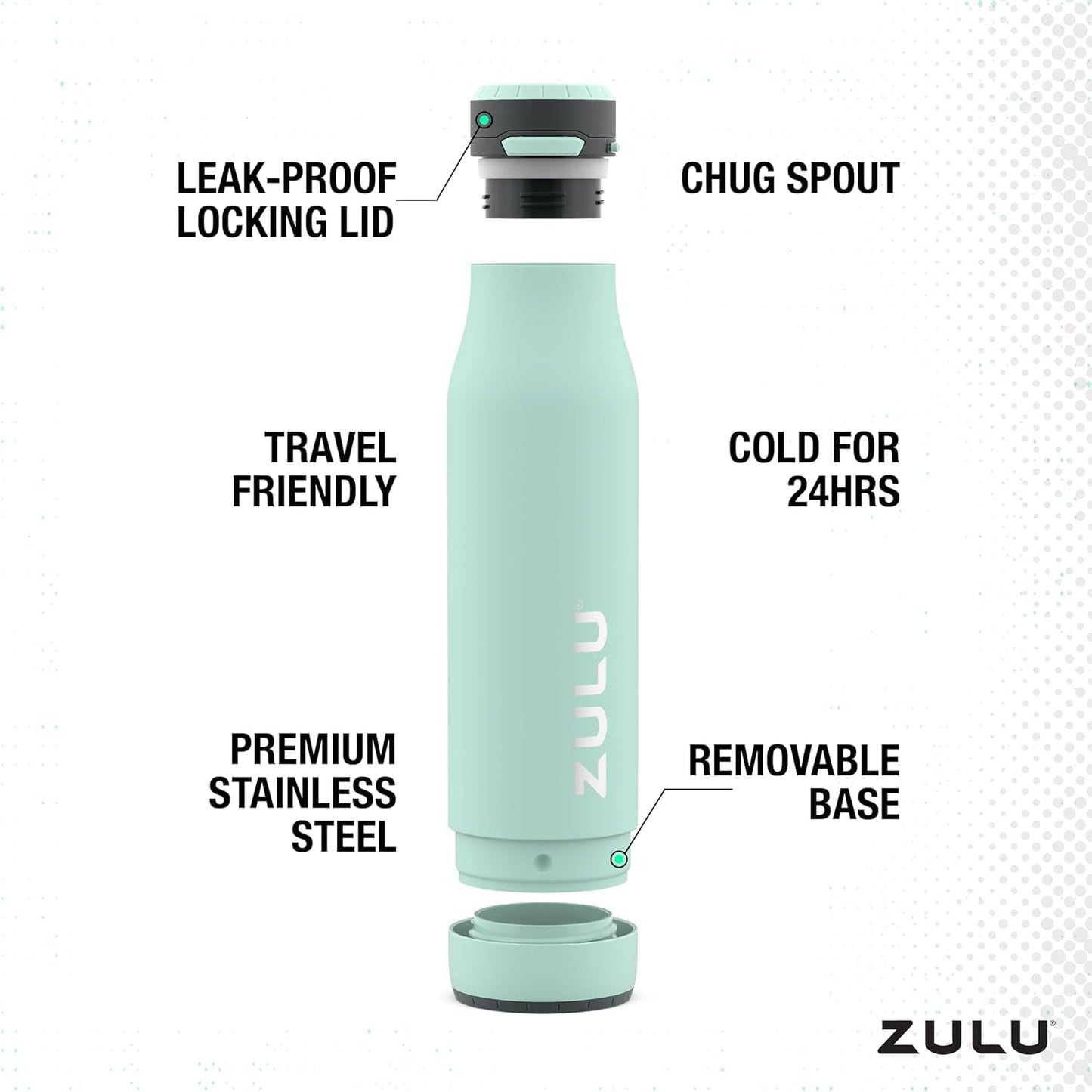 Ace Vacuum Insulated Stainless Steel Water Bottle with Chug Spout, Leak-Proof Locking Lid and Removable Base for School, Backpack, Sports, Gym, Travel