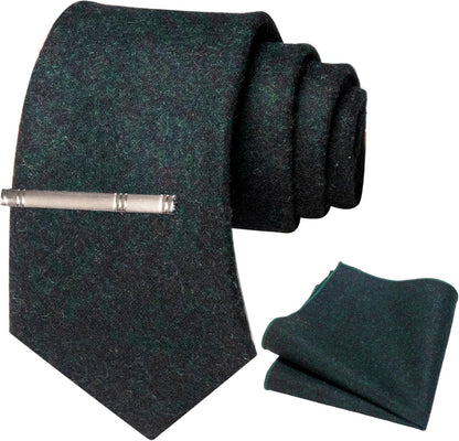 Solid Color Cashmere Wool Necktie and Pocket Square Tie Clip Sets for Men