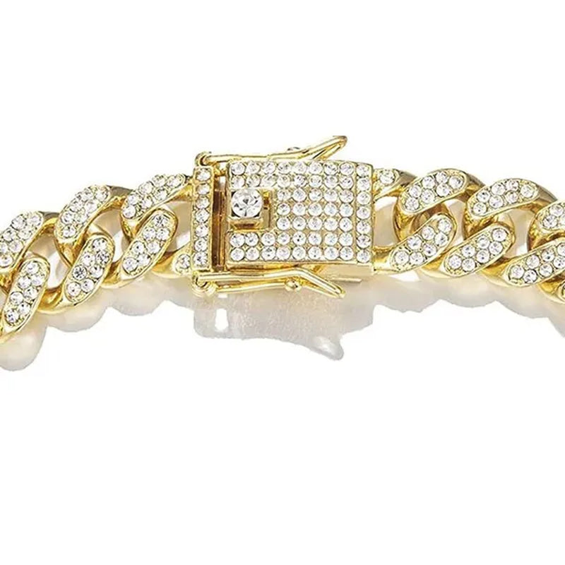 Fashion Gold Stainless Steel Hip Hop Jewelry Iced Out Diamond Thick Miami Cuban Link Chain Necklace Bracelet Watch Ring Jewelry Set