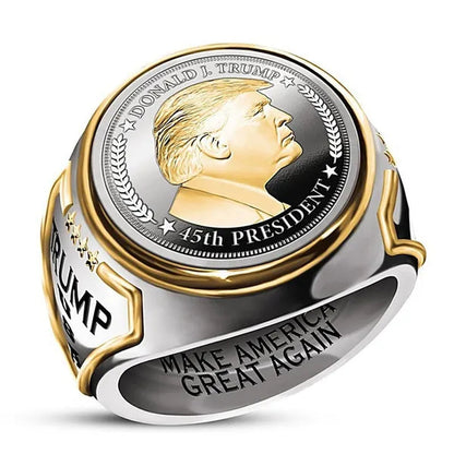 Exquisite 925 Sterling Silver Plated Mens Fashion Ring Two Tone 18K Gold Plated"Make America Great Again" USA President Statue Commemorative Coin Rings General Election Trump Supporters Jewelry Successfully Elected Souvenir Gift Size 6 - 13