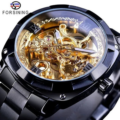 FORSINING New Top Quality Men Luxury Skeleton Automatic Winding Mechanical Watches Gold Stainless Steel Waterproof Wristwatch with Gift Box