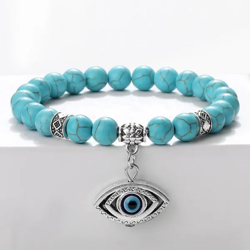 Turkey Evil Eye Beaded Bracelets Butterfly Buddhist Palm Hand Owl Turtle Alloy Pendant Bracelet Women Men Lucky Stretch Bangles Jewelry