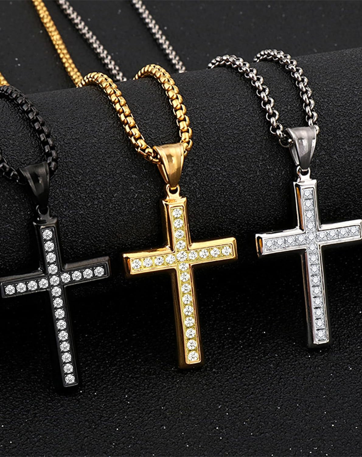 Cross Necklace for Men Stainless Steel Crucifix Pendant Silver White Gold Yellow Black Jesus Christ Plain Simple Women Fine Jewelry Gifts, 24 Inches Rolo Chain, Zirconia, Polished, Rope