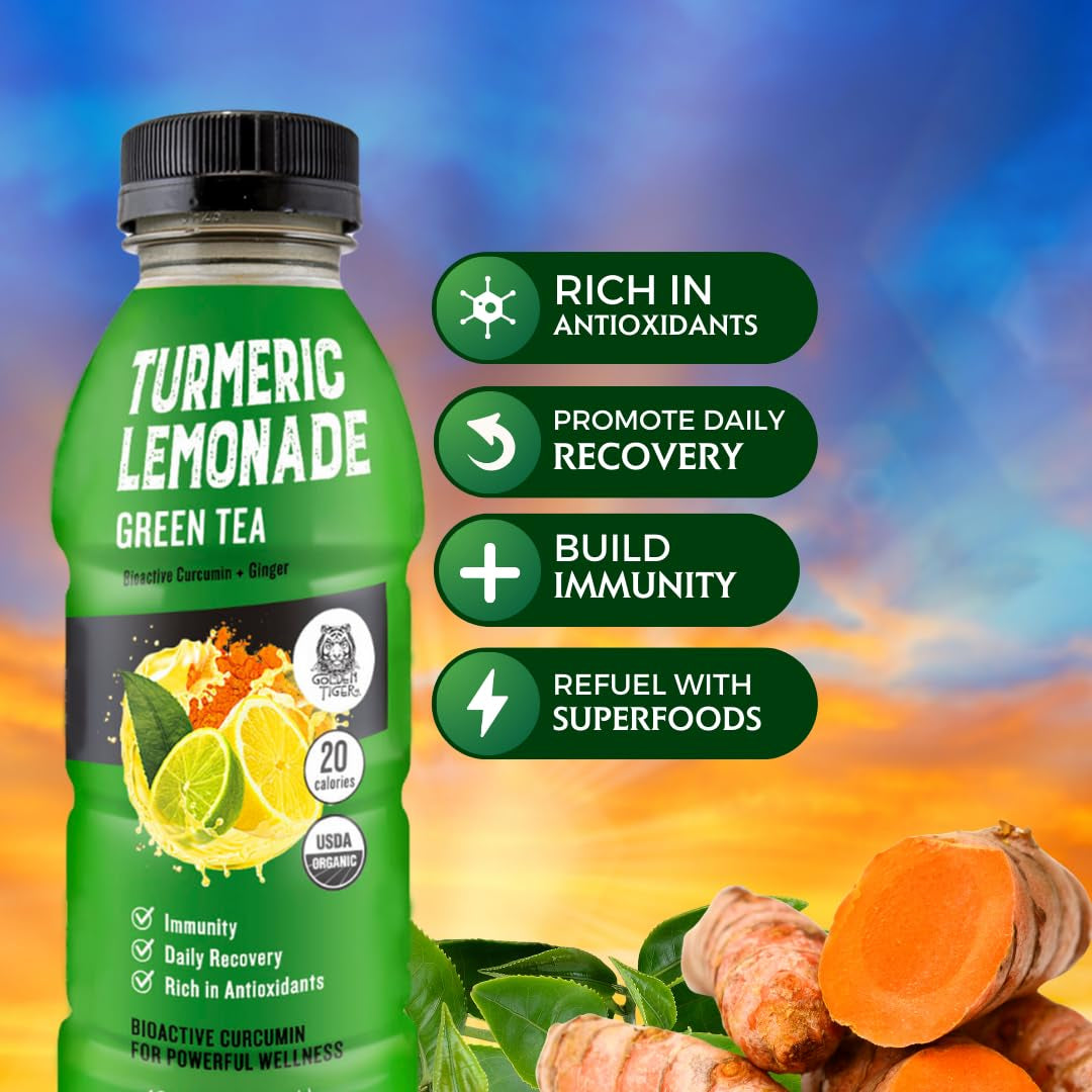 Still Turmeric Lemonade, Green Tea - Organic Superfood-Infused Sports Drink with Curcumin & Ginger - Antioxidants for Recovery and Immunity, 4G Sugar (12 Bottles)