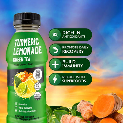 Still Turmeric Lemonade, Green Tea - Organic Superfood-Infused Sports Drink with Curcumin & Ginger - Antioxidants for Recovery and Immunity, 4G Sugar (12 Bottles)