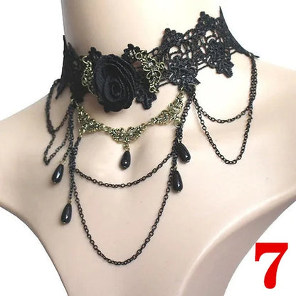 1 PCS Black Lace Necklace Chokers Vintage Style Female Gothic Wedding Red Rose Crystal Diamond Pendant Collarbone Necklace Chain Accessories for Women Girls(10 Style)