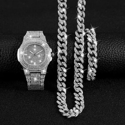 3 Colors 13MM Iced Out Chain Hip Hop Watch Necklace Bracelet Bling Miami Cuban Link Chain Mens Jewelry Set Relojes Hombre