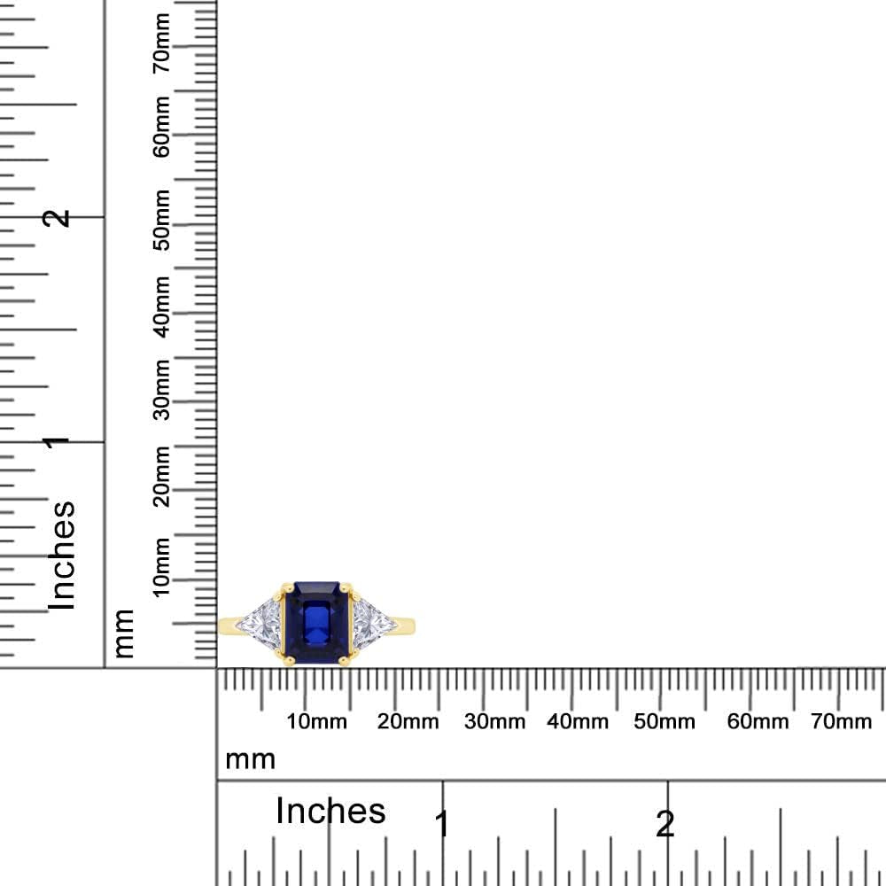 14K Gold Plated 925 Sterling Silver Emerald Cut Blue Sapphire with Trillion White Topaz Ring for Women Statement Jewelry, Gift for Her