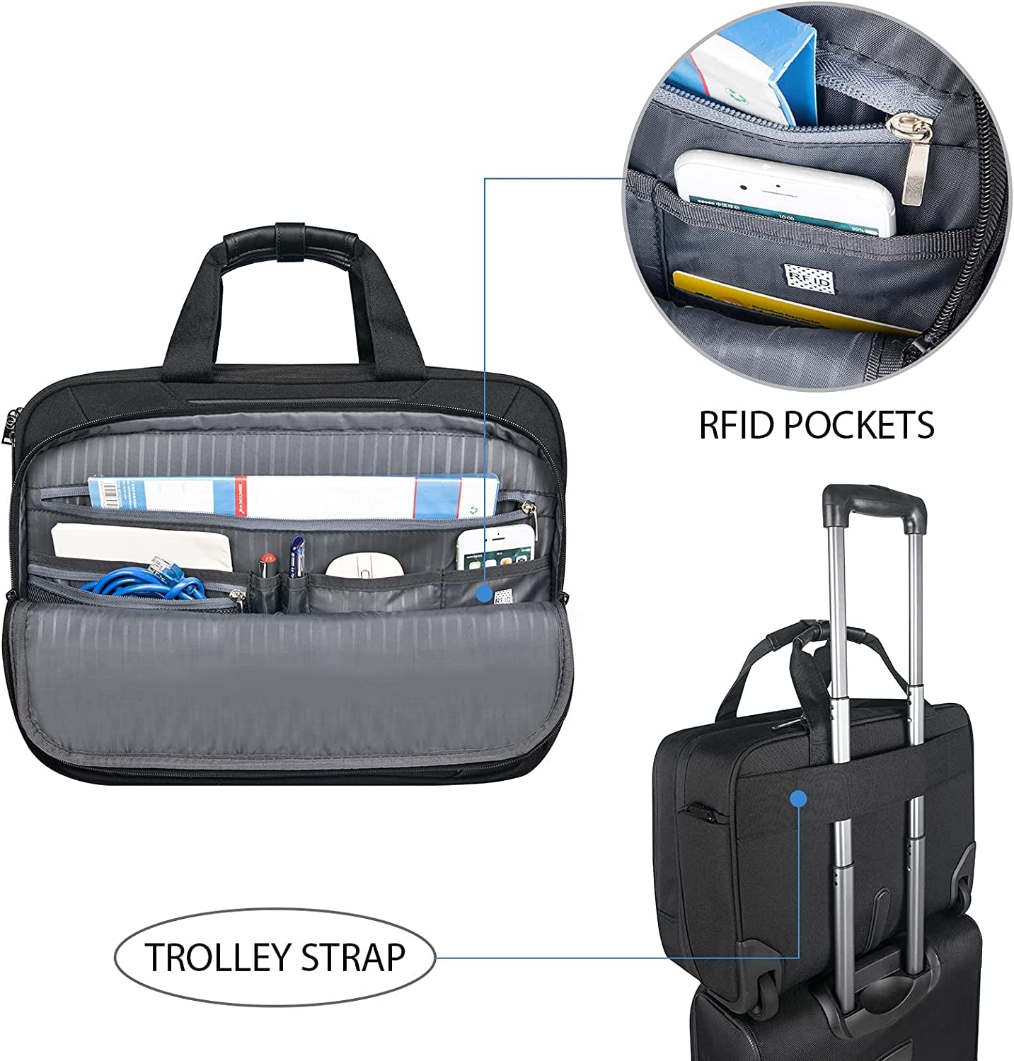 Rolling Briefcase Laptop Bag,17.3" Computer Bag with Wheels, Water Repellent Travel Roller Underseat Bag with RFID Blocking Pocket,Rolling Work Bags for Women/Men -Black