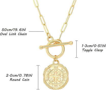 Saint Benedict Necklace Drop 18K Gold Toggle Medallion Coin Cross Pendant Necklaces Religious Jewelry Catholic Gift for Women