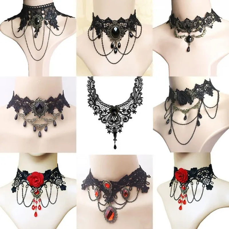 1 PCS Black Lace Necklace Chokers Vintage Style Female Gothic Wedding Red Rose Crystal Diamond Pendant Collarbone Necklace Chain Accessories for Women Girls(10 Style)
