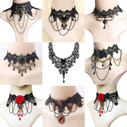 1 PCS Black Lace Necklace Chokers Vintage Style Female Gothic Wedding Red Rose Crystal Diamond Pendant Collarbone Necklace Chain Accessories for Women Girls(10 Style)