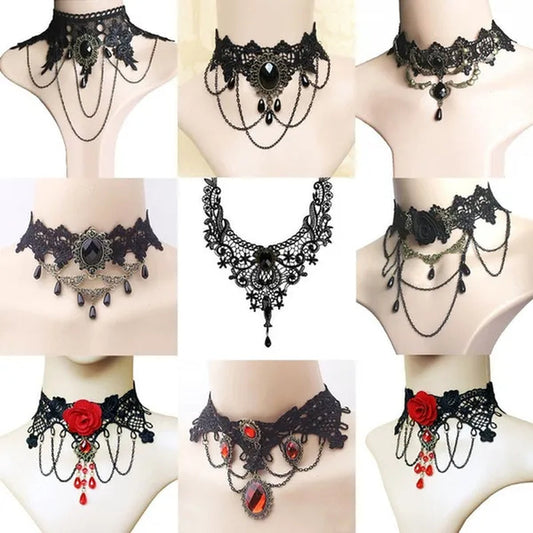 1 PCS Black Lace Necklace Chokers Vintage Style Female Gothic Wedding Red Rose Crystal Diamond Pendant Collarbone Necklace Chain Accessories for Women Girls(10 Style)