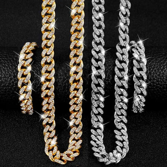 13MM  24K Gold/925 Silver Iced Out BlingBling Diamond Cuban Link Chain Miami Choker Necklace Bracelet Jewelry Set for Fashion Men and Women Hip Hop Jewelry