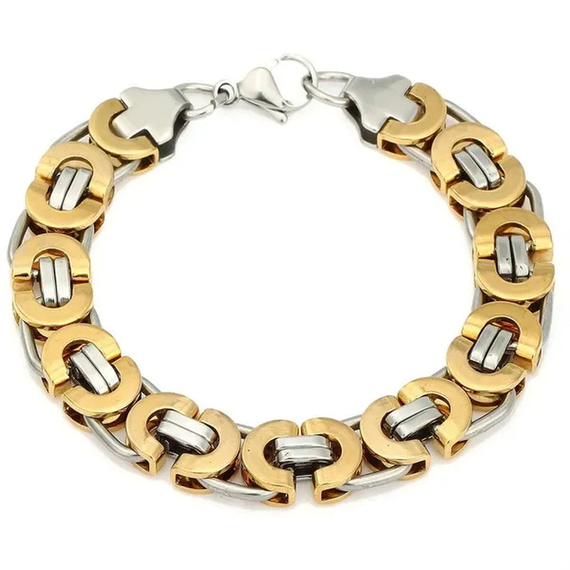 11mm Mens Chain Flat Byzantine Bracelet Gold Silver Tone Stainless Steel Bracelet 7-11 inch
