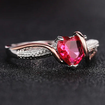 Trendy Gold Silver Two Tone Silver Plated Heart Ruby Micro Pave Lab Diamond Rings for Women Romantic Wedding Fine Jewelry