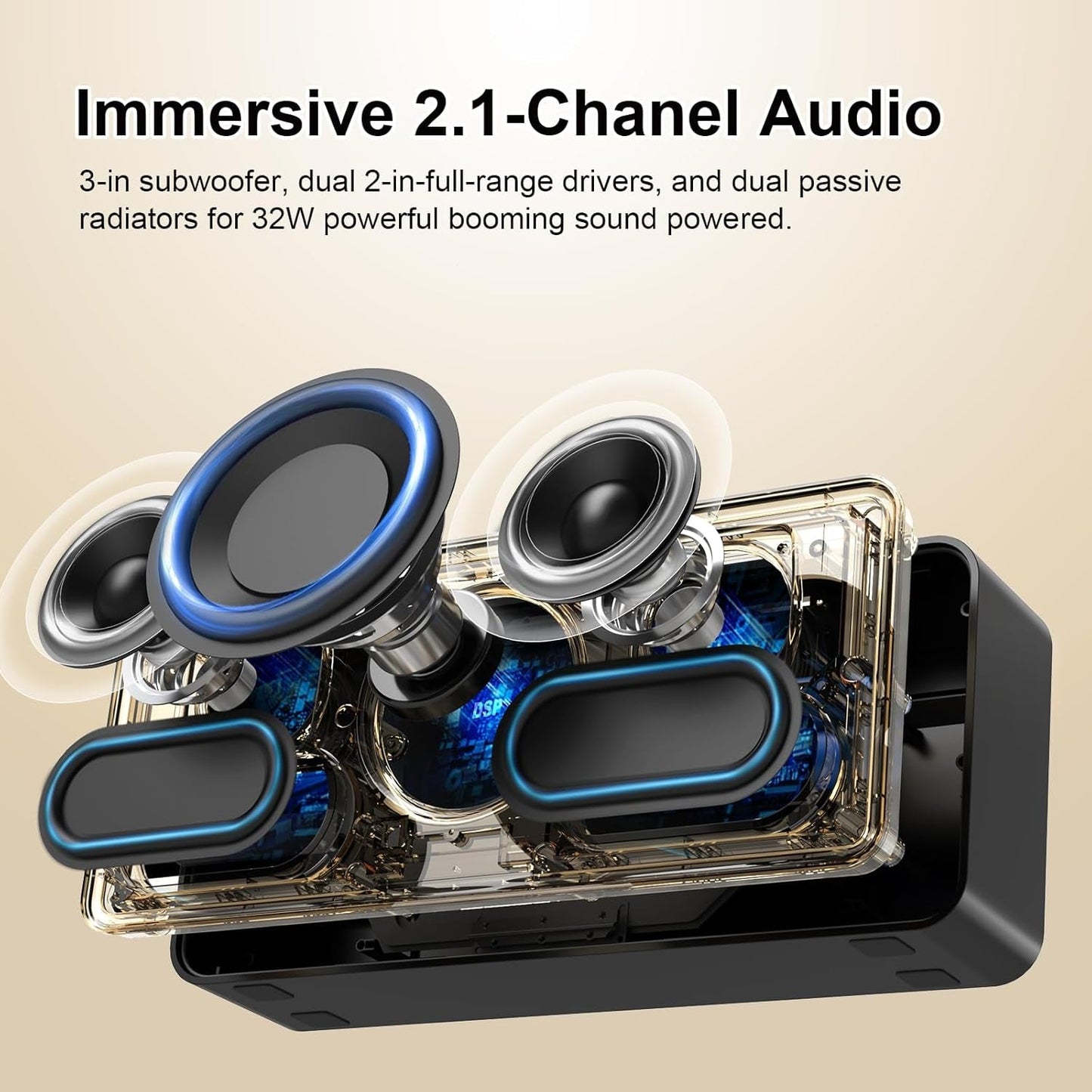 Soundbox XL Bluetooth Speaker with Subwoofer, 32W Loud Sound with Booming Bass, Dual DSP Technologies, 10H Playtime, USB-C, TWS, 2.1 Audio Channel for Home, Indoor and Office - Gold