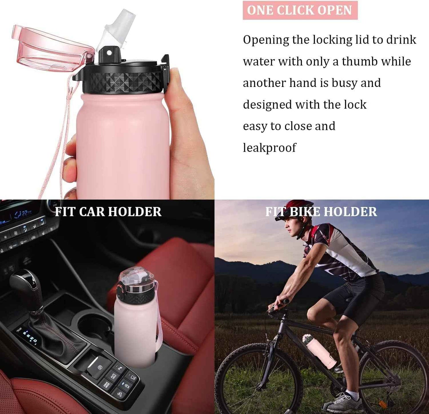 Kids Water Bottle with Straw Spout Wide Mouth Lid 20 Oz Double Walled Metal Insulated Stainless Steel Water Bottles Leak Proof with Strap Handle for Boys Girls School (Pink, 1 Lid）