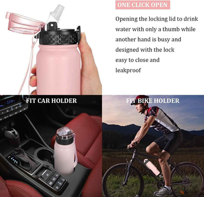 Kids Water Bottle with Straw Spout Wide Mouth Lid 20 Oz Double Walled Metal Insulated Stainless Steel Water Bottles Leak Proof with Strap Handle for Boys Girls School (Pink, 1 Lid）