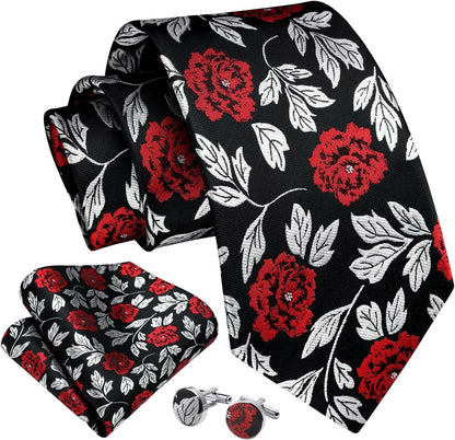 Ties for Men Floral Tie Handkerchief Cufflinks Set Formal Flower Classic Mens Necktie & Pocket Square Wedding