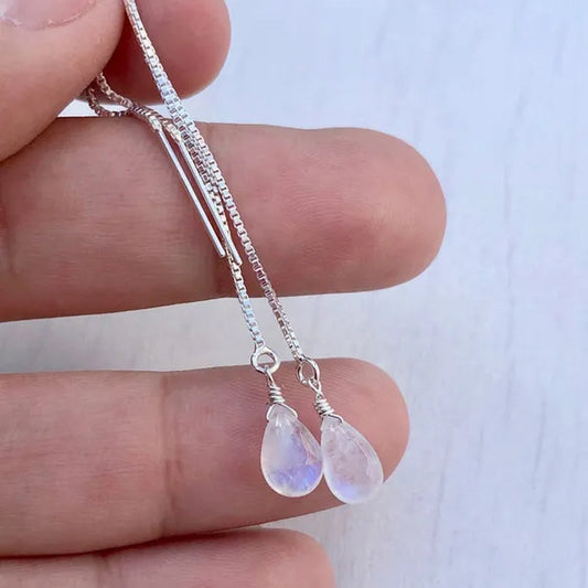 Moonstone Threader Earrings, Rainbow Moonstone Earrings, Minimalist Jewelry, Pull Through Chain Ear Threader, Summer Earrings, Gift for Her