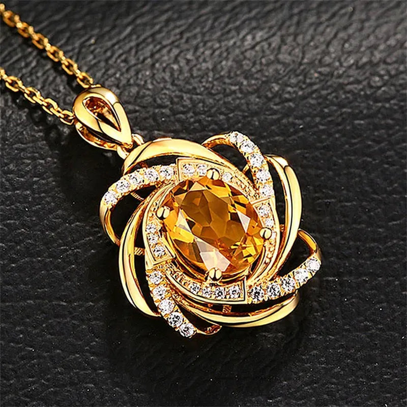 Yellow Crystal Citrine Gemstones Diamonds Pendant Necklaces for Women Gold Tone Choker Chain Jewelry