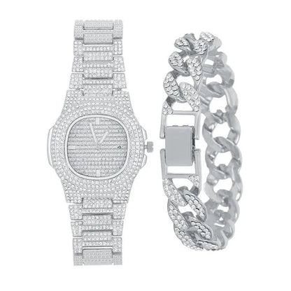 2 Pcs/set Luxury Full Iced Out Watch Mens Cuban Link Chain Bracelet Watch Bling Jewelry for Men Big Gold Chains Hip Hop Men Watch Set