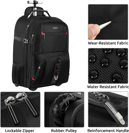 Rolling Backpack, Travel Backpack with Wheels, Carry on Backpacks with 3 Packing Cubes, 17.3 Inch Wheeled Laptop Backpack for Men Women Adults to Travel Work Business Black