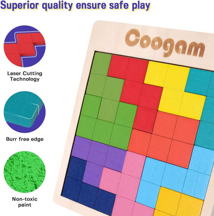 Wooden Puzzle Pattern Blocks Brain Teasers Game with 60 Challenges, 3D Russian Building Toy Wood Tangram Shape Jigsaw Puzzles Montessori STEM Educational Toys Gift for Kids Adults