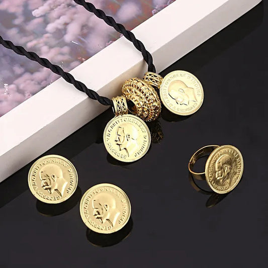 Ethiopian Coin Cross Pendant Necklace Earring Ring Set Jewelry 22K Gold Plated African Wedding Bride Jewelry