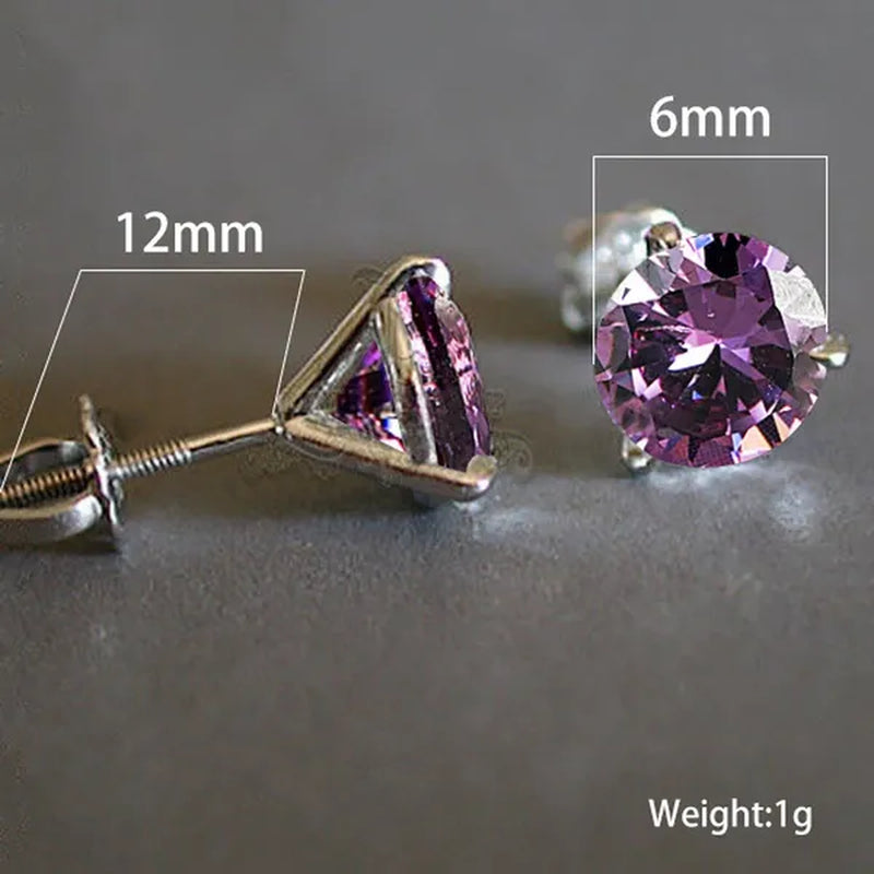 Chic 18K Gold Three-Prong Martini Round Amethyst Stud Earrings Bride Wedding Engagement Jewelry Gifts 6mm/7mm/8mm