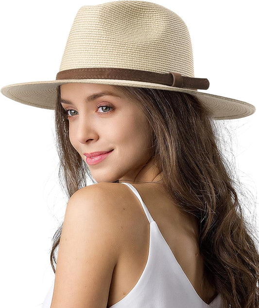 Womens Mens Wide Brim Straw Panama Hat Fedora Summer Beach Sun Hat UPF Straw Hat for Women