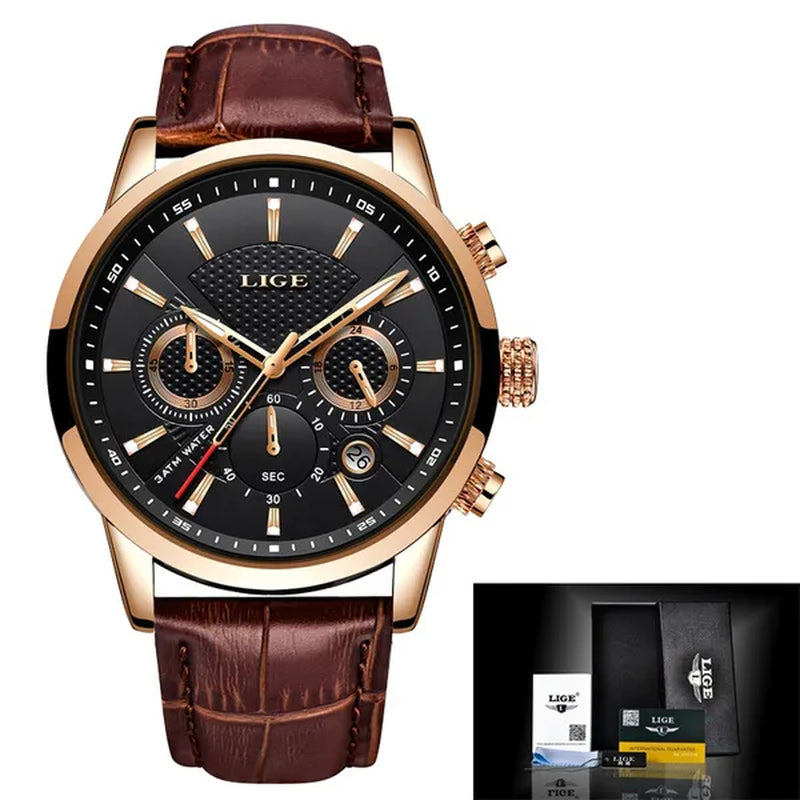 2019 LIGE New Fashion Gift Men Watch Leather Analog Quartz watches  Waterproof Chronograph Watch Sport Date Watch